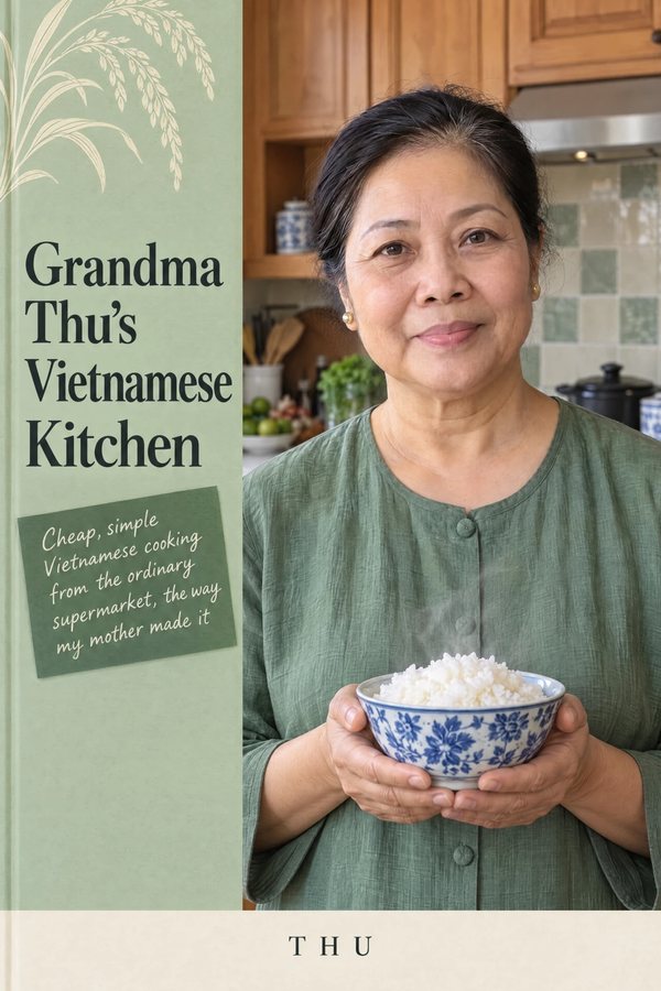 Front cover of Grandma Thu's Vietnamese Kitchen: Thu holding a bowl of rice.