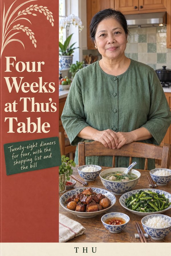 Front cover of Four Weeks at Thu's Table: a dinner table set for four.
