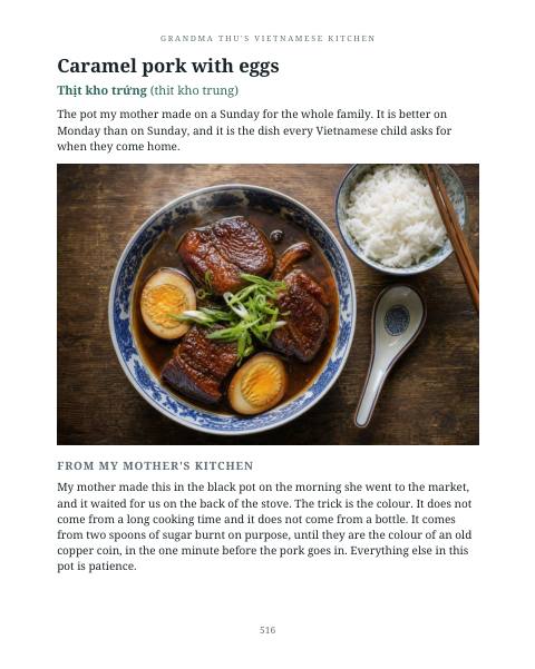Page 516: Caramel pork with eggs, with its photograph and the story from my mother's kitchen.
