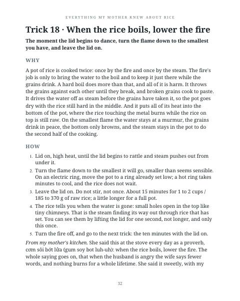 Rice booklet page 32: Trick 18, when the rice boils, lower the fire.