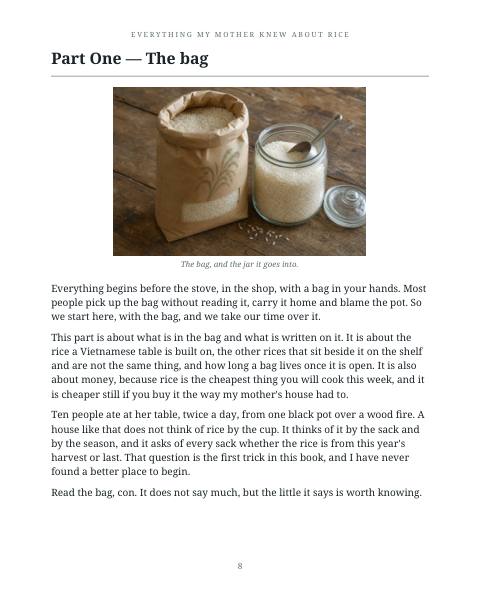 Rice booklet page 8: Part One, the bag, with a photograph of the rice bag and the jar it goes into.