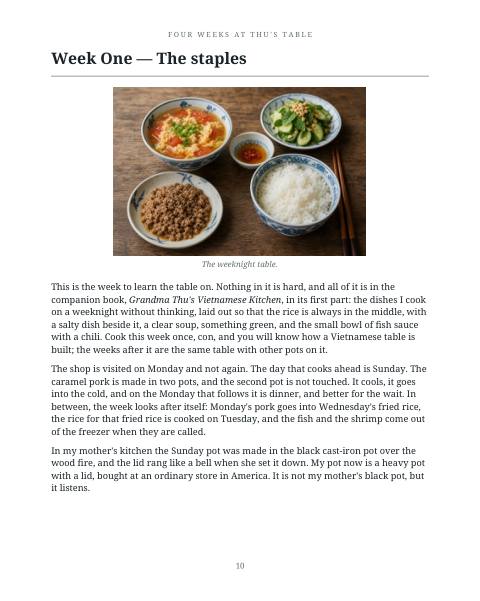 Planner page 10: Week One, the staples, with a photograph of the weeknight table.