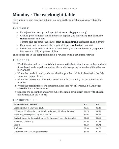 Planner page 15: Monday, the weeknight table, the dishes and the order to cook them.