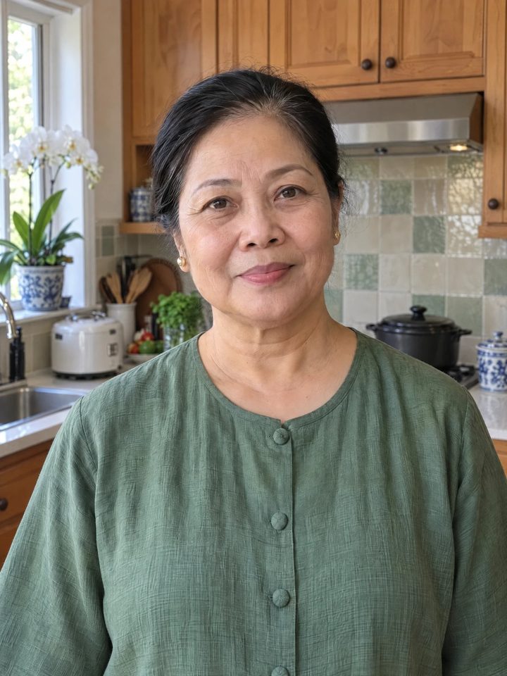 Thu, in her kitchen.